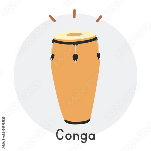 Conga clipart cartoon style. Simple cute brown wooden conga Cuban percussion musical instrument flat vector illustration. Percussion instrument conga hand drawn doodle style. Conga vector design