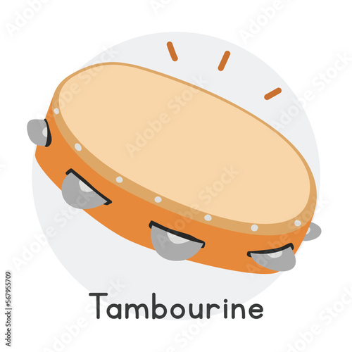 Tambourine clipart cartoon style. Simple cute wooden tambourine percussion musical instrument flat vector illustration. Percussion instrument tambourine hand drawn doodle. Tambourine vector design