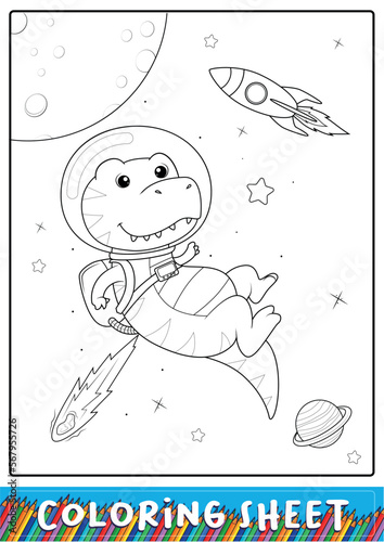 t-rex astronout in outerspace cartoon coloring sheet