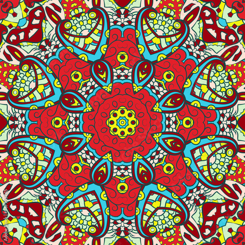 Seamless tile texture. Tracery mehndi design image. Ethnic doodle art. Curved doodling picture. Vector