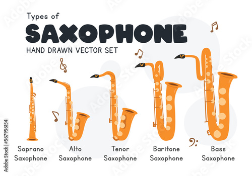 Types of saxophone clipart cartoon style. Simple cute soprano, alto, tenor, baritone, bass saxophone types flat vector illustration. Brass musical instrument hand drawn doodle. Saxophone vector set