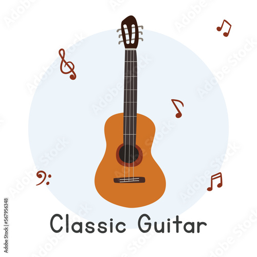 Classic guitar clipart cartoon style. Simple cute brown classic guitar string musical instrument flat vector illustration. Stringed instrument hand drawn doodle style. Classic guitar vector design