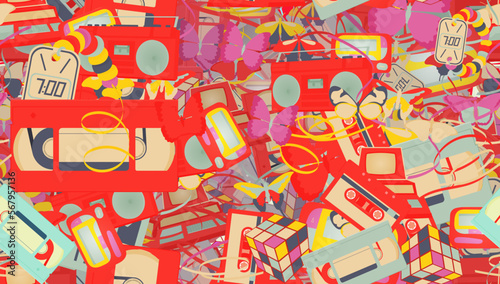 Background pattern abstract design texture. Seamless. Theme is about narrow goods, wing, computer, magnetola, exotic, silhouette, cassette, colorful, classic, various, Red Admiral, summer