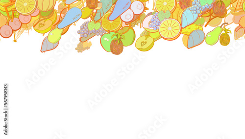 Background pattern abstract design texture. Tennis and Fruits. Horizontal seamless stripe. Border frame, transparent background. Theme is about chair, slices, game, racket, pieces, Apple