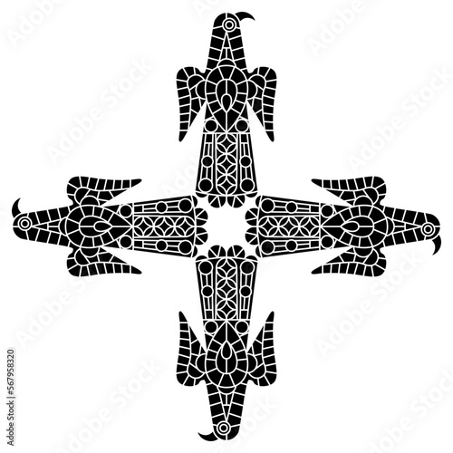 Rectangular cross shape ornament with four stylized eagle birds. Medieval Visigoth design from Spain. Black and white silhouette. photo