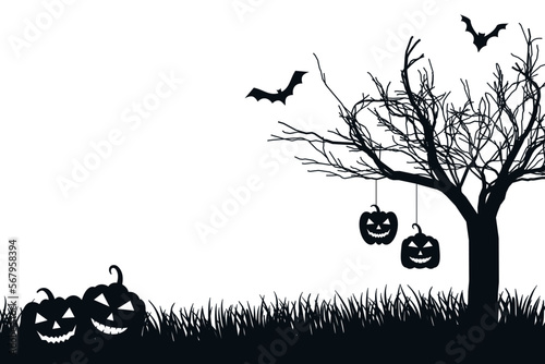 silhouette scary night halloween scene with pumpkin tree.