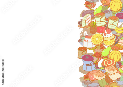 Background pattern abstract design texture. Snacks and Fruits. Vertical seamless stripe. Border frame, transparent background. Theme is about Khinkali, loaf, slice, dough, sausage, six-pointed