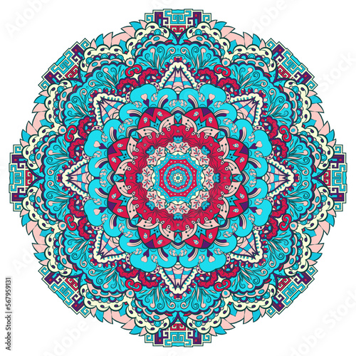 Mandala. Tracery wheel image. Mehndi design. Ethnic doodle art. Curved doodling picture. Vector
