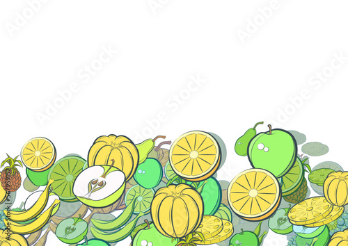 Background pattern abstract design texture. Fruits. Horizontal seamless stripe. Border frame, transparent background. Theme is about mandarin, pear, berries, fruit, Apple, bananas, incision