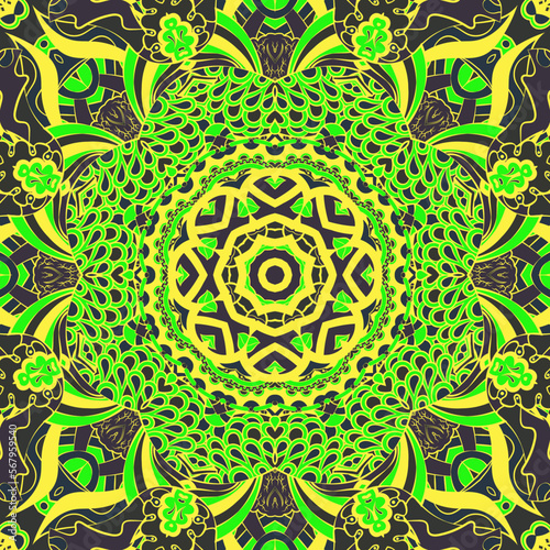 Seamless tile texture. Tracery mehndi design image. Dark toxic colors. Ethnic doodle art. Curved doodling picture. Vector