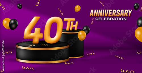 40th anniversary celebration banner. golden number with podium decoration, balloons and ribbon. for birthday or wedding greeting cards, etc. 3d vector realistic illustration
