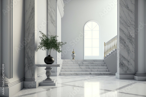 Clean interior with marble decorations  empty space without people. 3D Illustration. Generative AI