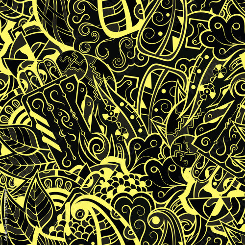Tracery seamless pattern. Mehndi design. Dark sharp colors. 6 colors. Ethnic doodle texture. Curved doodling background. Vector