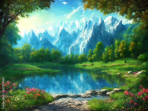 Beautiful lake in a forest with snow capped mountains in the background, anime style, cartoon style, generative ai art