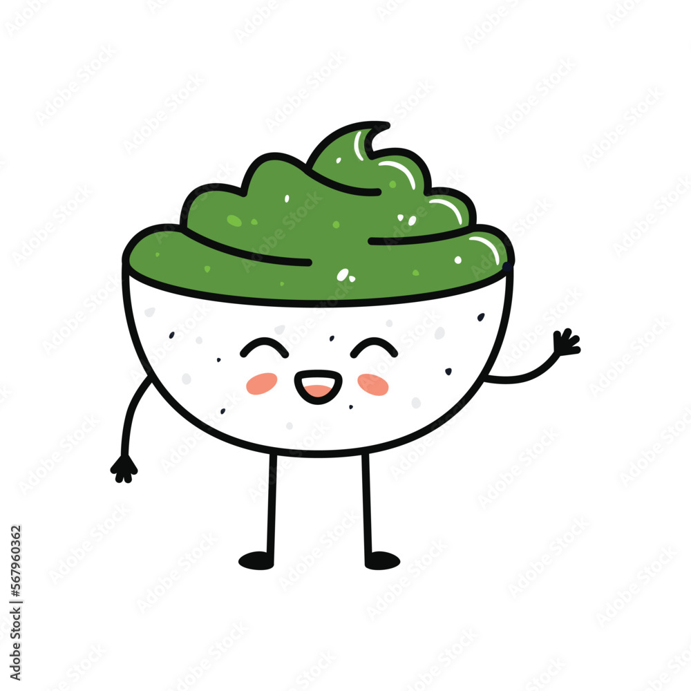 Kawaii sushi mascot in cartoon style. Cute wasabi bowl for menu Kawaii sushi mascot in cartoon style. Cute wasabi bowl for menu