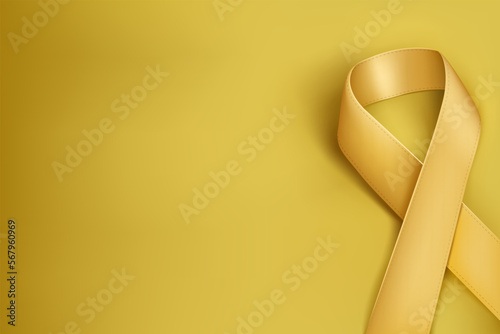 Yellow baby cancer ribbon. September Day. Childhood illness awareness and charity. Life and disease. Hope or support. Sickness prevention. Loop bow. Blank banner. Vector 3D background