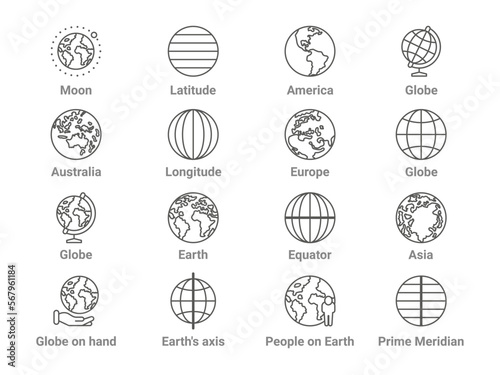 World globe. Planet icons. Earth line symbols. Map with continents and oceans. America and Australia. Global politics. Latitude and longitude. Europe or Asia. Vector stroke pictograms set