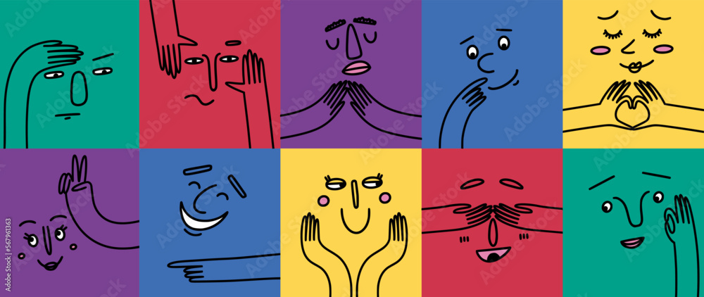 Funny face characters, creative doodles. Color human, abstract people smile, fun diverse emotions, positive mood. Square cards with people portrait, various hand gestures. Vector cartoon concept - obrazy, fototapety, plakaty 