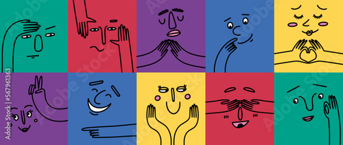 Funny face characters, creative doodles. Color human, abstract people smile, fun diverse emotions, positive mood. Square cards with people portrait, various hand gestures. Vector cartoon concept