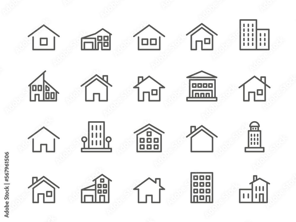 House line signs. Casa loan simple icons. Real estate. Cabin property. Cottage or apartments. Roof and windows. Residential buildings. Mansion symbols. Vector outline pictograms set