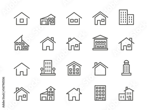 House line signs. Casa loan simple icons. Real estate. Cabin property. Cottage or apartments. Roof and windows. Residential buildings. Mansion symbols. Vector outline pictograms set
