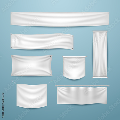 White banner, flag textile different forms, fabric cloth for advertising. Blank canvas waving drape on pole or rope with folds, empty string of sheet. 3d isolated vector realistic design