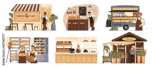 Business owners, vendor set, restaurant and cafe, flovers store and bakery. Barista man in apron on counter, pasty or food shop. Local marketplace stalls, vector cartoon flat concept