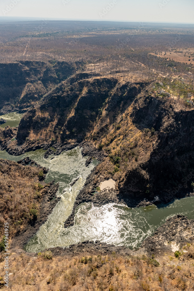 Aerial shot of the lower river gorge of the Zambezi river in southern africa.