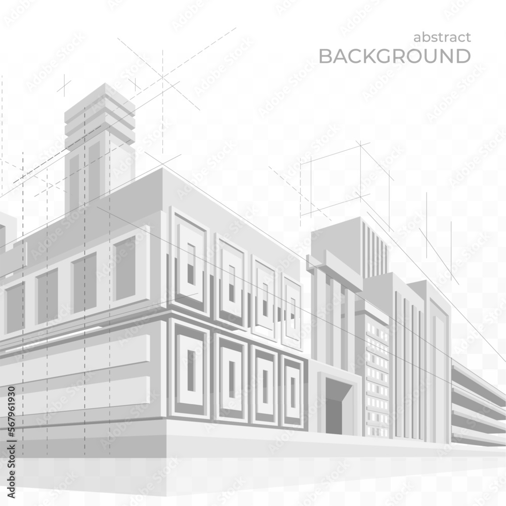 Fototapeta premium Buildings blueprint. Architect project. Architecture sketch. 3D house in perspective. Outline interior wireframe. Urban landscape. Construction draft. Vector abstract design background