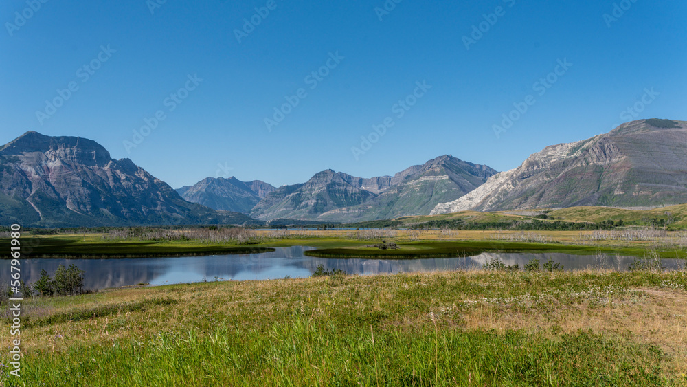 Scenic summer views in the the Canadian Rocky Mountains. Waterton Lakes National Park Alberta Canada