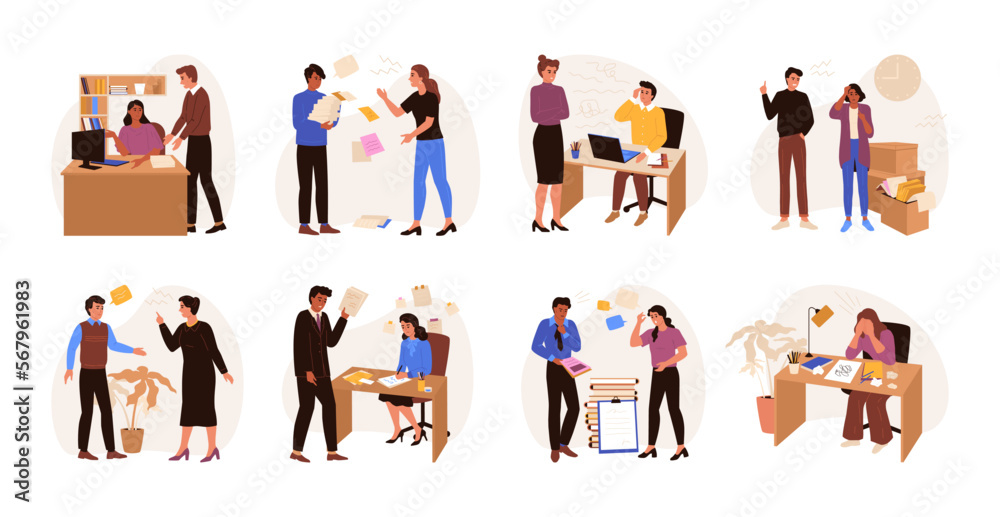 © SpicyTruffel - Angry boss. Bad stress job. Busy people in abuse company. Aggressive shout. Nervous office situation. Annoyed chief and employees. Business conflict. Vector illustration concepts set © SpicyTruffel - Angry boss. Bad stress job. Busy people in abuse company. Aggressive shout. Nervous office situation. Annoyed chief and employees. Business conflict. Vector illustration concepts set