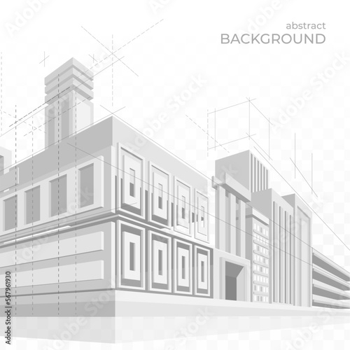 Buildings blueprint. Architect project. Architecture sketch. 3D house in perspective. Outline interior wireframe. Urban landscape. Construction draft. Vector abstract design background