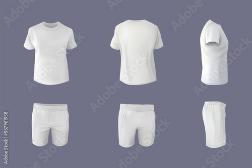 White football tshirt, shorts mockup. 3d jersey sport uniform different angles view, blank front and back sides, male sportswear apparel icon. Championship clothes. Vector isolated realistic template