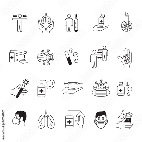 Corona virus. Medicine and health care icons. Face mask. Hand wash with sanitizer. Medical symptoms of coronavirus. Temperature and cough. Vaccine injection. Vector line pictograms set