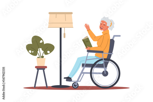 Senior people. Elderly cartoon character reads book. Grandmother in wheelchair. Grandparents leisure. Retired person enjoying of literature. Pensioners hobby and activity. Vector concept