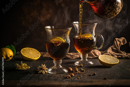 Pouring black tea and lime tea Indian classic chai drink with spices and lemon. Two glasses of an organic ayurvedic or herbal beverage from India are beneficial for improving immunity during the winte