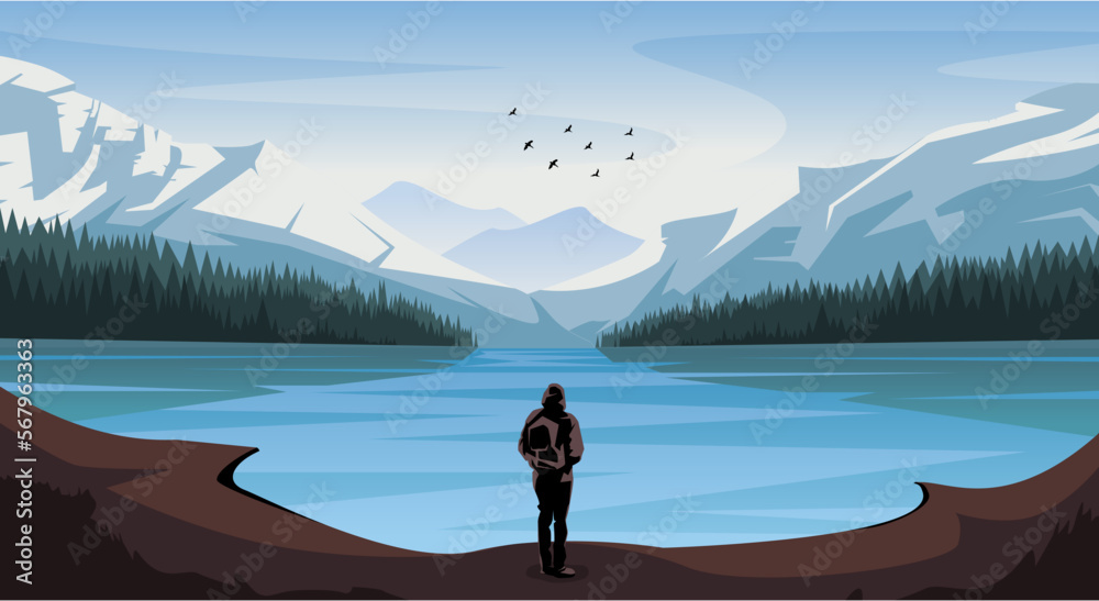Natural landscape of people, lake, pine forest and iceberg vectors and illustrations