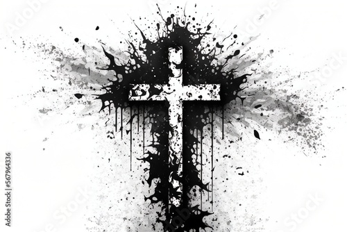 Black cross draw with ashes on white background. Generative AI © jasniulak