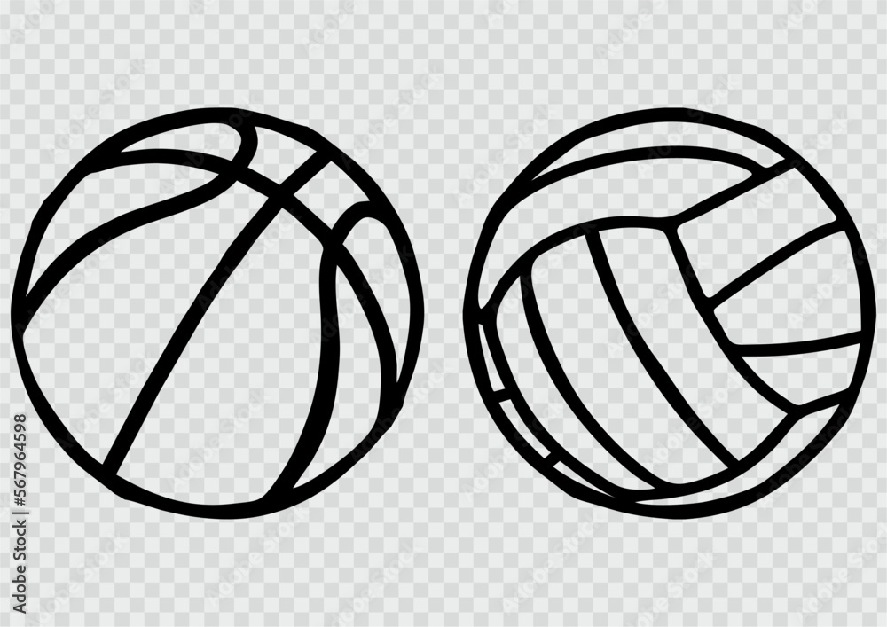 Set of sports balls, volleyball and basketball ball, line art