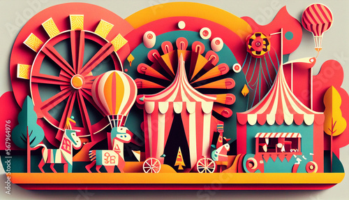 Kiddie Carnival Illustration in papercut style. Vector illustration background. Generative AI