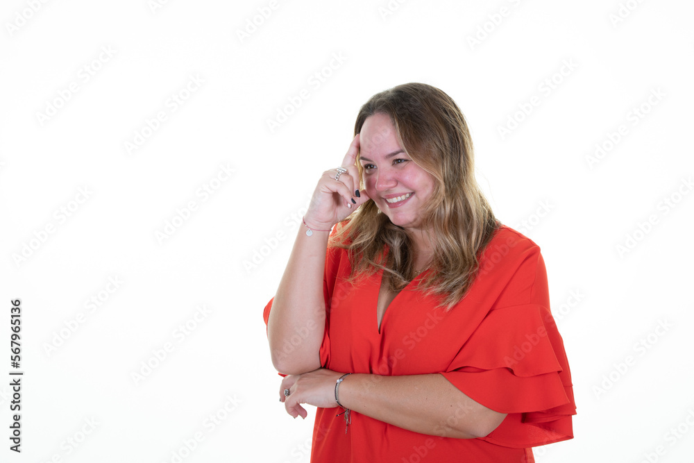 smiling young blond woman curvy portrait fun happy laughing surprised on white background smiling young blond woman curvy portrait fun happy laughing surprised on white background