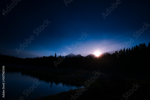 Nighttime starscape of a mountain lake in the Canadian Rocky Mountains  Kananaskis Country Alberta  Canada