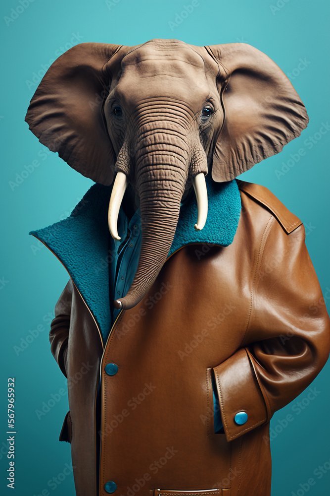 Stylish Elephant  as Fashion Model in Leather Jacket Generative AI Digital Illustration Part#40223