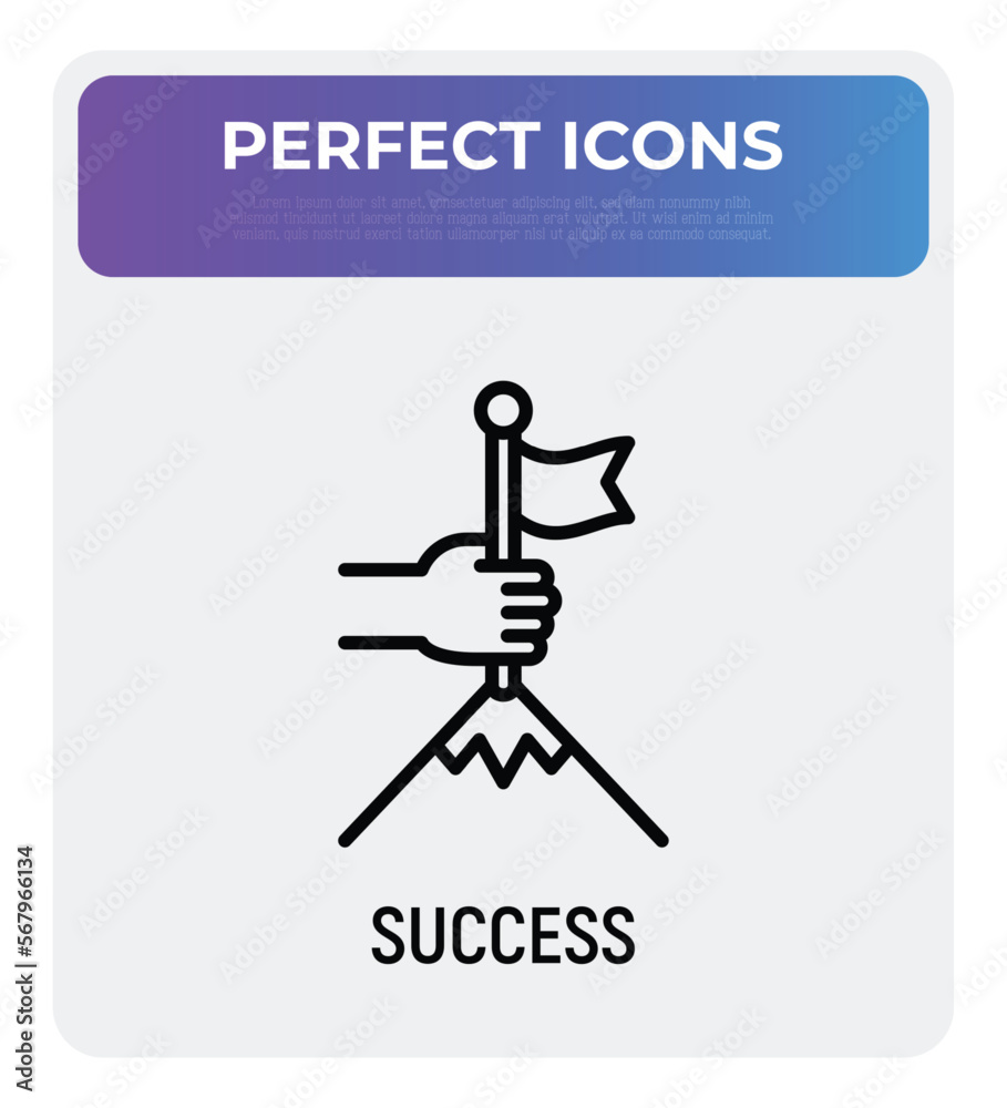 Success thin line icon: human hand puts flag in mountain top. Leadership, winning, goal achievement. Modern vector illustration. Success thin line icon: human hand puts flag in mountain top. Leadership, winning, goal achievement. Modern vector illustration.