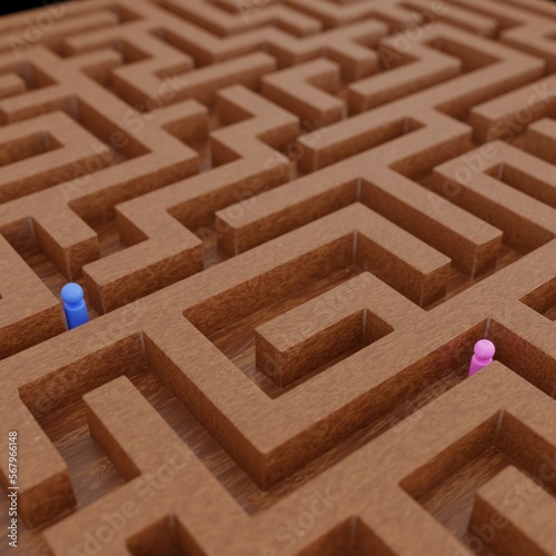wooden maze with a couple of stick people 3d illustration