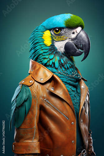 Stylish Parrot as Fashion Model in Leather Jacket Generative AI Digital Illustration Part#40223