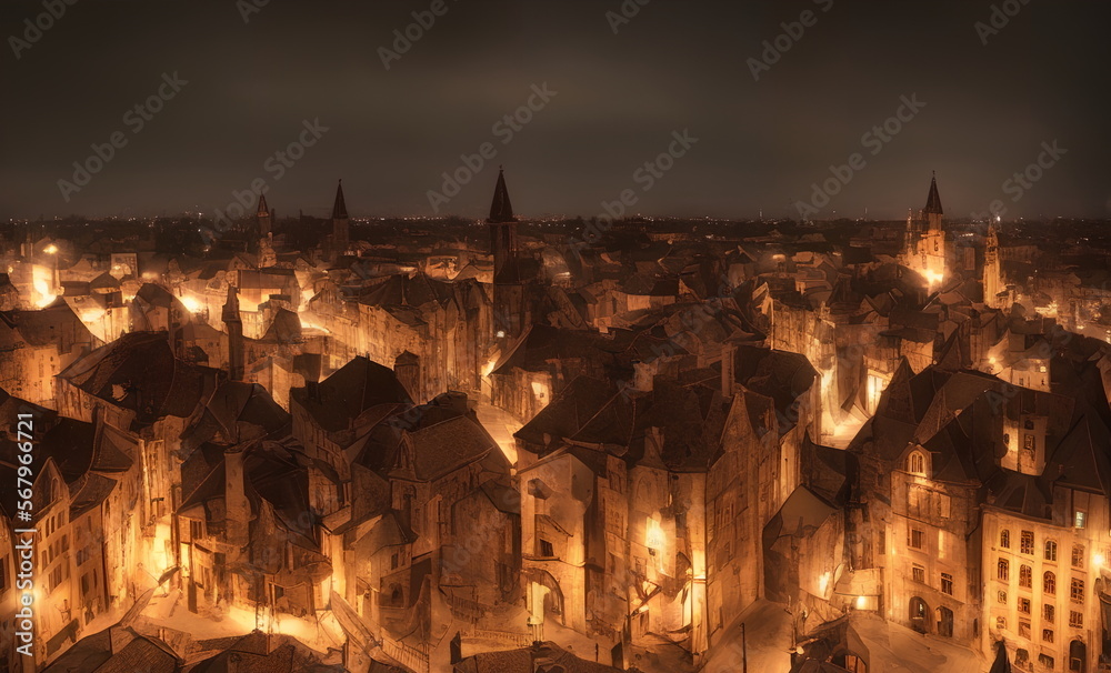 Illustration of Medieval European city, using Generative AI