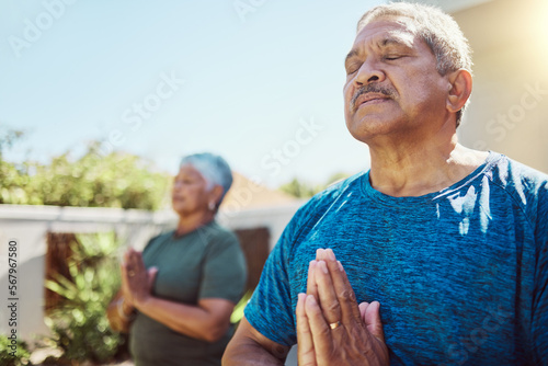 Senior couple, meditation and fitness exercise for wellness, zen and relax in garden, peace and calm. Health, workout and elderly man with woman in yard for training, meditating and cardio in Mexico