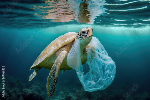 Ocean plastic contamination is a serious environmental issue. Plastic bags are edible to turtles. they were mistaken for jellyfish. Generative AI
