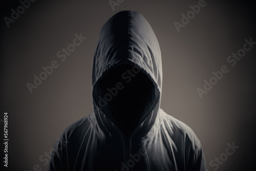 faceless unknown and unrecognizable man without identity wearing hood in dark room spooky criminal person. Generative AI